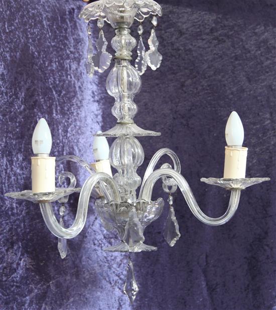 A French cut glass three light chandelier, drop 21in.